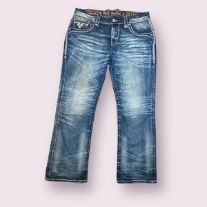 EUC Rock Revival Louie Boot Jeans Mens 36x30 Blue Cotton Spandex Flap Pockets